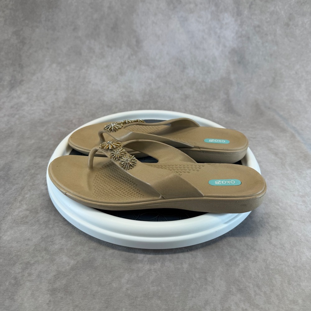 Oka-B Thong Sandals Women Size L Tan Rhinestone Floral Embellished Flip Flops